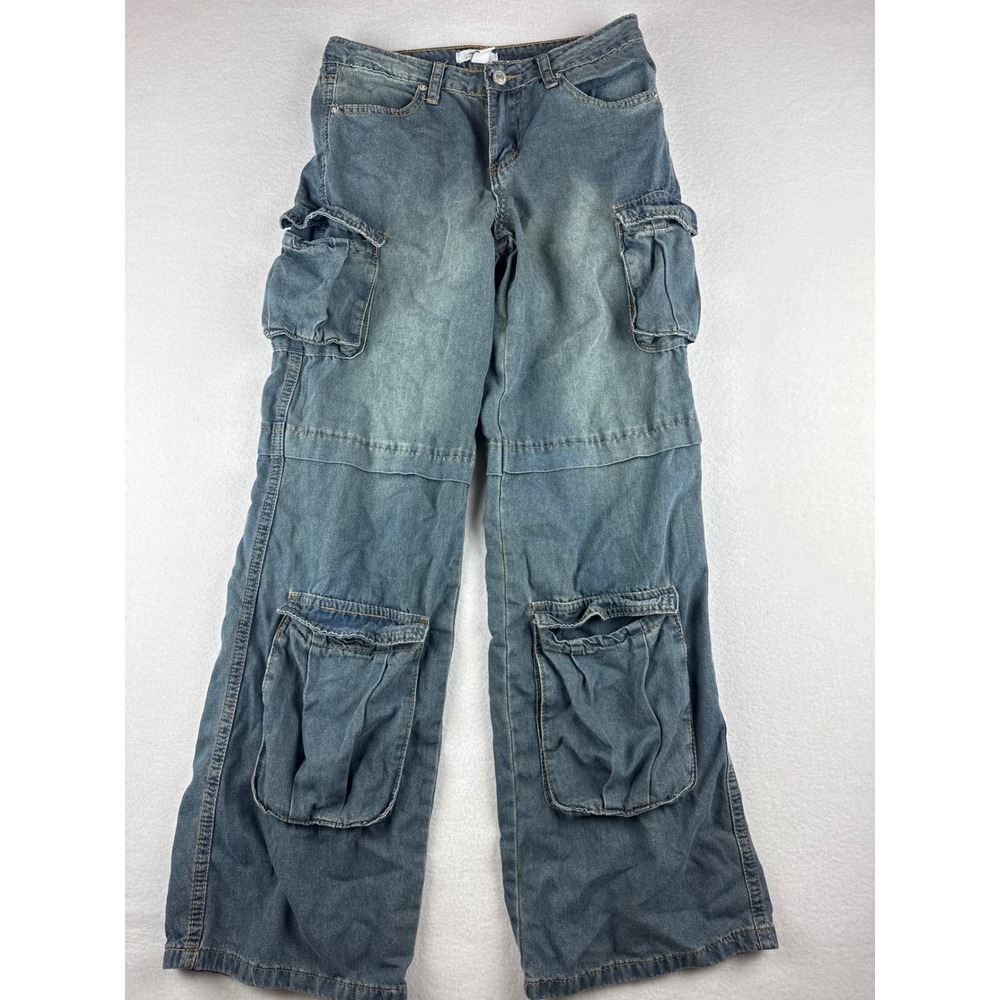 Forever 21 Premium Women Blue Cargo Wide Leg Jeans Size 24 Utility Y2K Baggy